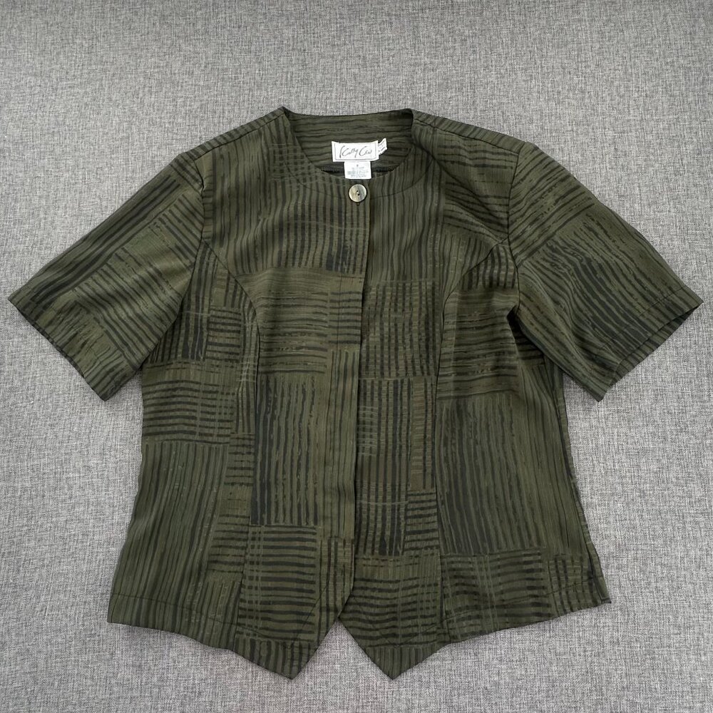Vintage Kathy Che Button Blouse olive Green‎ Lightweight Shoulder Pads Size 8